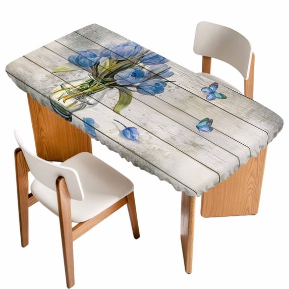 Blue Tulip Table Cloths for 5 Foot Rectangle Tables, Vintage Spring Floral Retro Art Butterfly Wooden Patio Waterproof Elastic Fitted Tablecloths, Washable Rectangular Table Cover for Camping