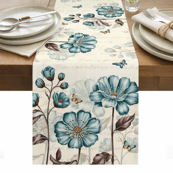 Blue Tulip Table Runner - 36 Inch Long, Kitchen Dining Table Runner Dresser Scarves, Vintage Flowers Butterfly Plants Beige Rustic Farmhouse Decor for Coffee Tables Wedding Party Banquet