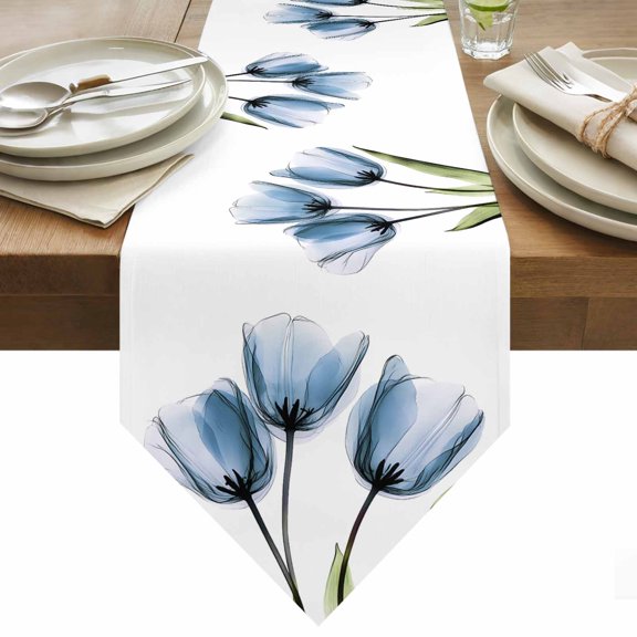 Blue Tulip Table Runner 36 Inches Long Country Flower Pastoral Style Table Runners for Dining Room Tabletop Dresser Scarf Home Party Banquet Wedding Holiday Decoration