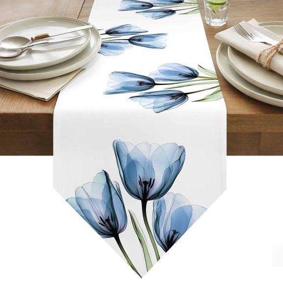 Blue Tulip Table Runner 48 Inches Long Transparent Flowers Minimalist Modern Art Table Runners for Dining Room Tabletop Dresser Scarf Home Party Banquet Wedding Holiday Decoration