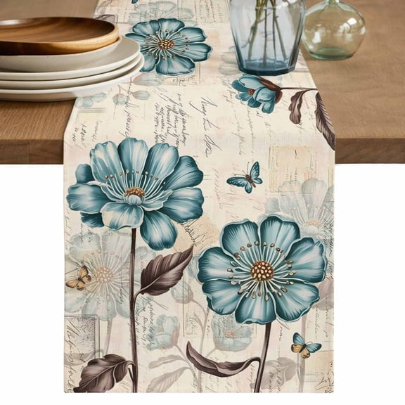 Blue Tulip Table Runner 48 Inches, Vintage Flowers Leaves Butterfly Botanical Bed Runner Dresser Scarves Tabletop for Indoor Outdoor Parties/Ceremony/Banquet, 13" x 48"