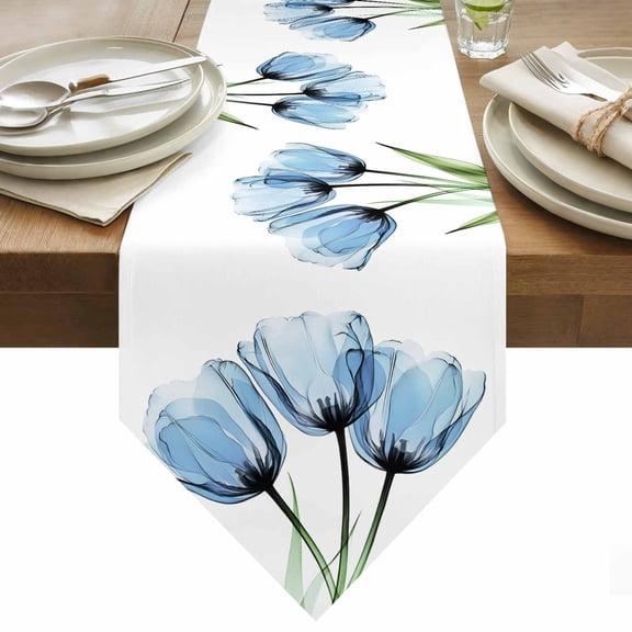Blue Tulip Table Runner 60 Inches Long Country Flower Farmhouse Table Runners for Dining Room Tabletop Dresser Scarf Home Party Banquet Wedding Holiday Decoration