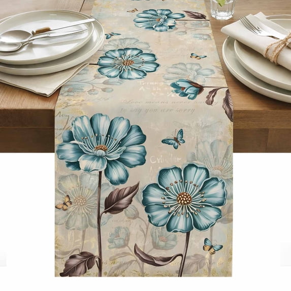 Blue Tulip Table Runner - 72 Inch Long, Kitchen Dining Table Runner Dresser Scarves, Retro Flowers Leaves Butterfly Plants Khaki Farmhouse Decor for Coffee Tables Wedding Party Banquet