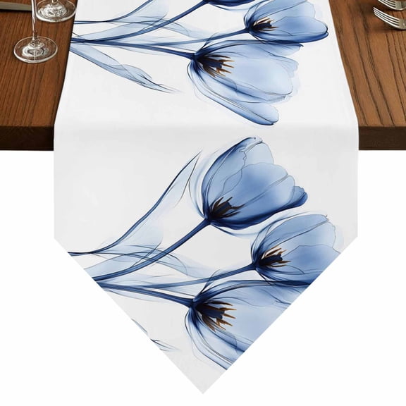 Blue Tulip Table Runner for Dining Room, Modern Abstract X-ray Floral Leaf Botanical Simple Cotton Linen Dining Table Runner Tablecloth Dresser Scarves for Kitchen Cafe 13x36 Inches Long