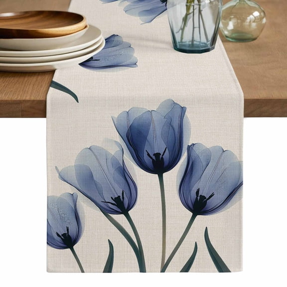 Blue Tulip Table Runner, Rustic Spring Floral Summer Botanical Washable Cotton Linen Table Runners 36 Inches Long, Dresser Scarf Runner for Nightstand/End Tables/Round Tables 13''x36''