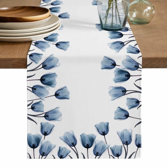 Blue Tulip Table Runner, Spring Pastoral Flower Watercolor White Washable Cotton Linen Table Runners 48 Inches Long, Dresser Scarf Runner for Nightstand/Coffee/End Tables 13''x48''