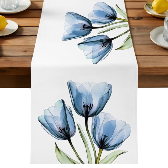 Blue Tulip Table Runner, Transparent Flowers Minimalist Modern Art Cotton Linen Table Cloth, Tablerunner for Kitchen Dining Party Wedding Home Decor 13x48 Inch