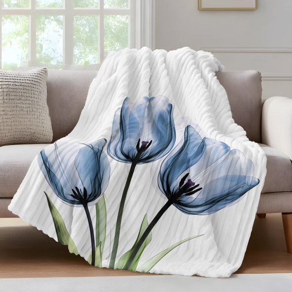 Blue Tulip Throw Blanket for Couch Flower Farmhouse Soft and Warm Flannel 3D Striped Fluffy Fuzzy Fleece Blanket Lightweight Throw for Bed, Sofa 30 x 40 Inches