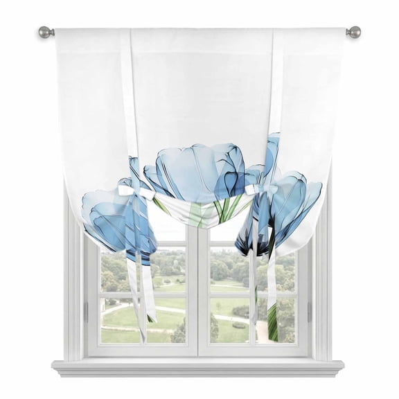 Blue Tulip Tie Up Curtains Window Shades, Country Flower Farmhouse Rod Pocket Tie Up Window Shade Adjustable Balloon Curtain Shade for Blinds Kitchen Bathroom, 1 Panel, 52"x63"