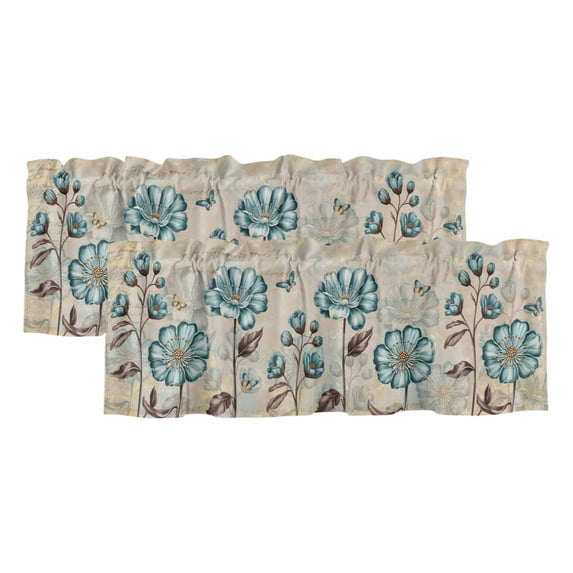 Blue Tulip Valances for Windows, Decorative Rod Pocket Window Valance Curtains, Vintage Flowers Leaves Butterfly Khaki Rustic Short Curtain Drapes for Kitchen/Living Room, 2 Panels, 60" W x 18" L