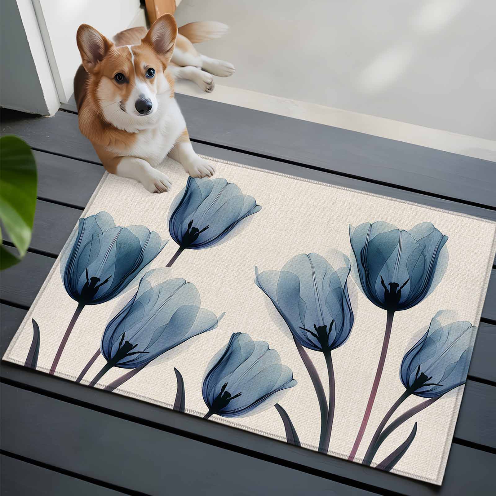 Low Profile Blue Rug Blue Tulip Washable Area Rug 2x3 Minimalist Modern Flower Art Linen ...
