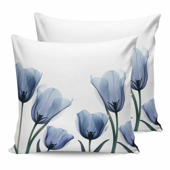 Blue Tulips 16x16 Pillow Covers Set of 2, Spring Summer Floral Rustic Botanical Throw Pillow Covers Decorative Couch Cushion Case, Microfiber Square Pillowcases for Bedroom Car Living Room