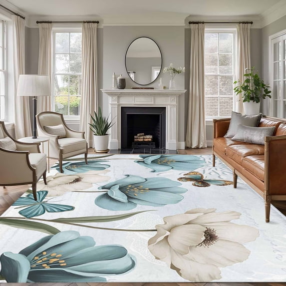 Blue Tulips Area Rugs 8'x10', Small Throw Rugs for Living Room Patio, Watercolor Flowers Butterfly Spring Farmhouse Blue Indoor Outdoor Rug Non-Slip Low Pile Carpet Runner Reversible Floor Mats