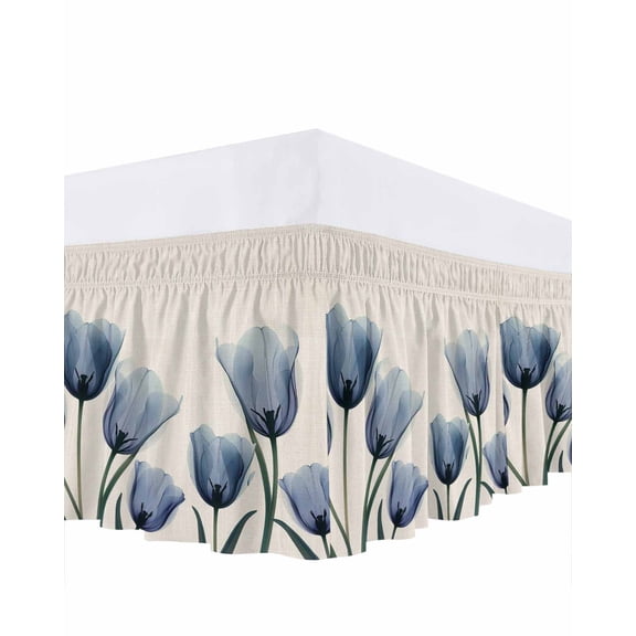 Blue Tulips Bed Skirt King Size 16" Drop Flowers Minimalist Modern Art Linen Texture Ruffled Wrap Around Bed Skirts Adjustable Elastic Bedskirt Dust Ruffle for King Size Bed