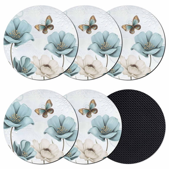 Blue Tulips Coasters Set of 6, Absorbent Coasters for Drinks, Watercolor Flowers Butterfly Spring Farmhouse Blue Coaster for Desk Coffee Table Protection, Home Decor House Warming Gifts 4"