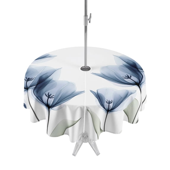 Blue Tulips Floral Outdoor Tablecloth with Umbrella Hole, Spring Farmhouse Elegant Flowers Spillproof Waterproof Outdoor Table Cover, Patio Tablecloths for Party/Garden/Picnic, Round 54 inch