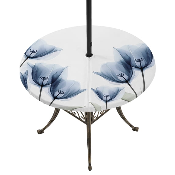 Blue Tulips Floral Round Outdoor Tablecloth with Umbrella Hole Zipper, Spring Farmhouse Elegant Flowers Elastic Fitted Table Cover, Waterproof Table Cloth for Patio Picnic Party Fits 36"-44"