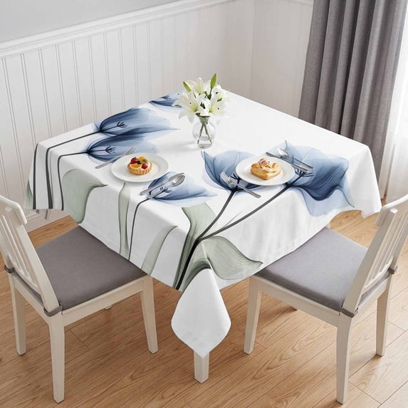 Blue Tulips Floral Table Cloth Waterproof Tablecloths, Spring Farmhouse Elegant Flowers Tablecloth Dining Table Cover for Kitchen Party Tabletop Outdoor, Square Tablecloth 54x54 Inch