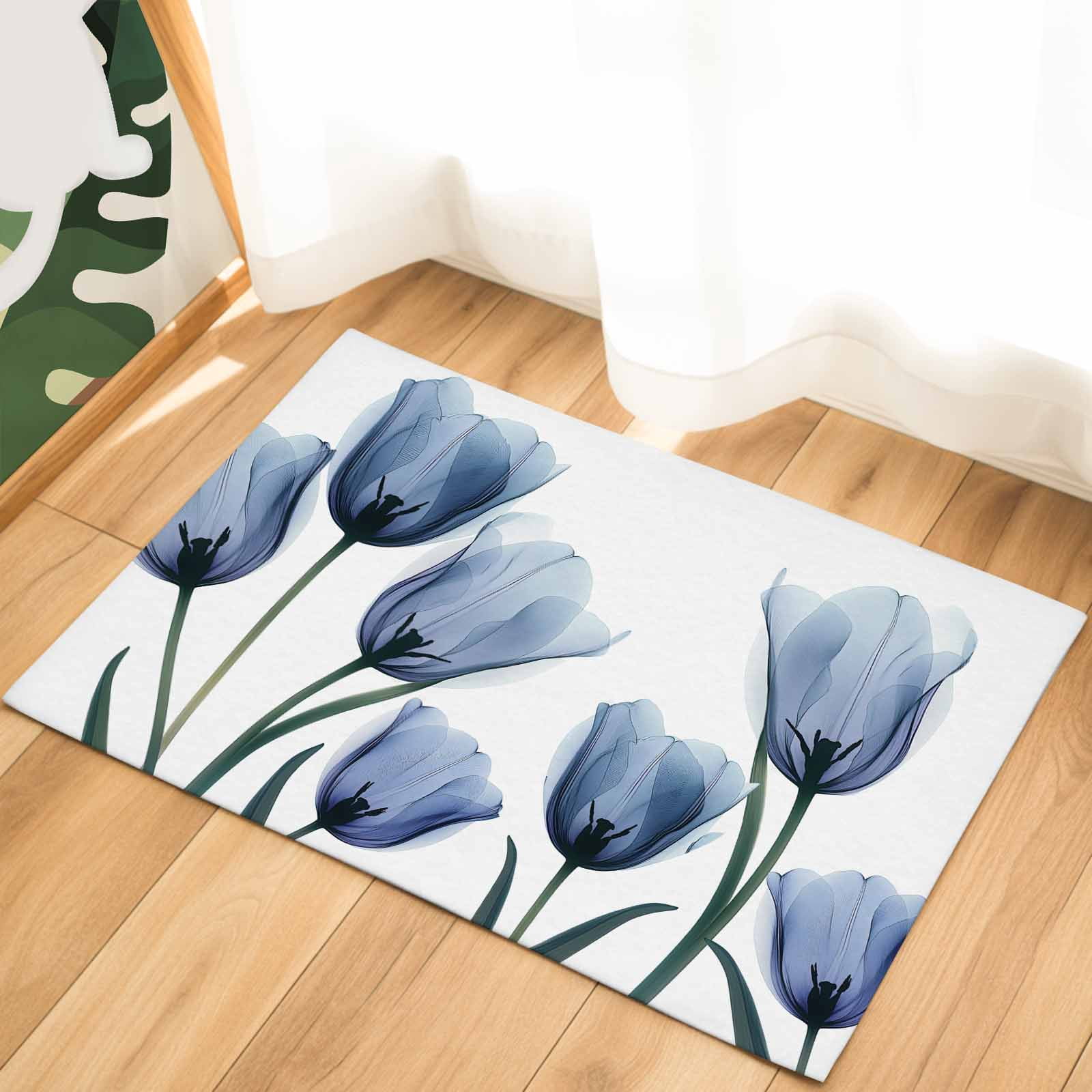 Blue Tulips Indoor Door Mat - 18"x30", Non-Slip Welcome Mat for Outdoor, Spring Summer Floral Rustic Botanical Front Doormat for Entry, Low-Profile Doormat Entrance Rug for Kitchen/Bathroom