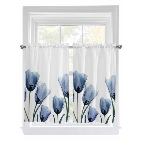Blue Tulips Kitchen Curtains 54 Inches length, Spring Summer Floral Rustic Botanical Window Treatment Curtain Drapes, Thermal Insulated Drapes for Basement Hotel RV, 42"x54", 2 Panels