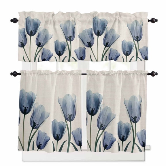 Blue Tulips Kitchen Curtains and Valances Set, Flowers Minimalist Modern Art Linen Texture Rod Pocket Window Valance 18 Inch Window Curtain Panels for Living Room Bedroom Laundry, 27.5x36in, 3 Pieces
