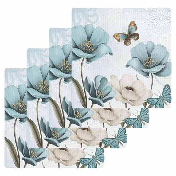 Blue Tulips Kitchen Dish Towels for Drying Dishes Set of 4, Watercolor Flowers Butterfly Spring Farmhouse Blue Waffle Weave Microfiber Hand Tea Bathroom Towels Quick Dry & Absorbent Towel 12x12