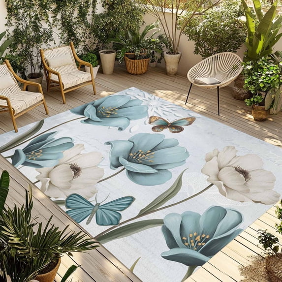 Blue Tulips Outdoor Rug for Patio/Deck/Porch, Non-Slip Large Area Rug 5 x 8 Ft, Watercolor Flowers Butterfly Spring Farmhouse Blue Indoor Outdoor Rugs Washable Area Rugs, Camping Rug Carpet Runner