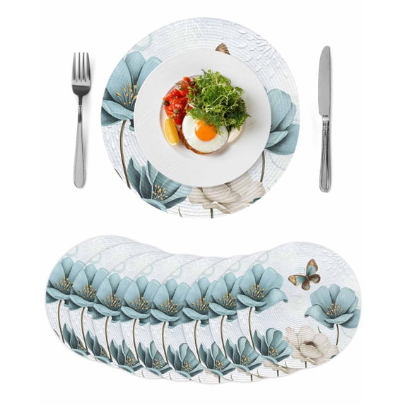 Blue Tulips Round 13 Inch Placemats Set of 8, Watercolor Flowers Butterfly Spring Farmhouse Blue HeatResistant Non Slip Place Mats for Dining Table, Wipeable Kitchen Table Mats for Housewarming