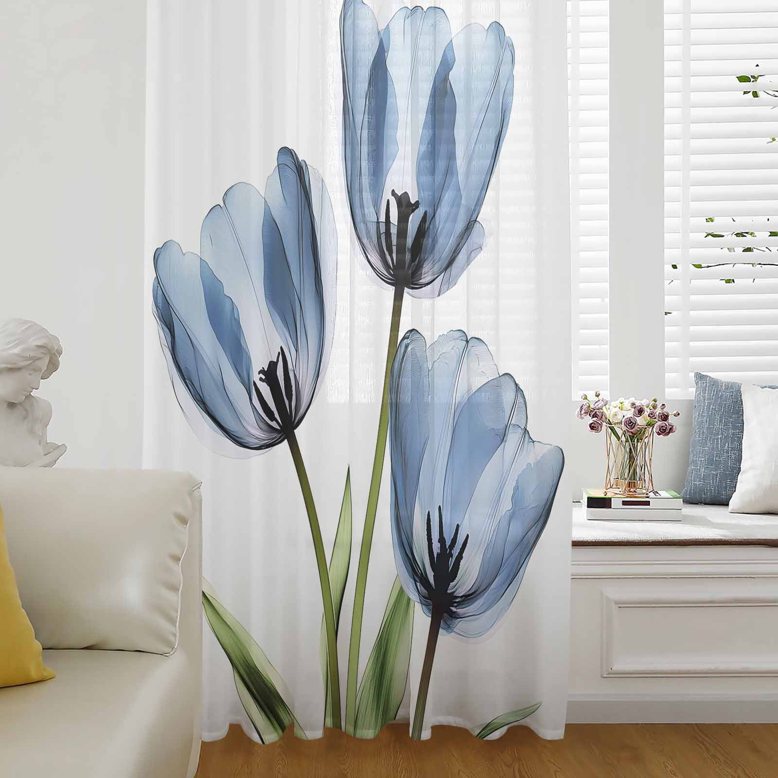 Blue Tulips Semi Sheer Curtains Drapes for Living Room, Bedroom, French ...