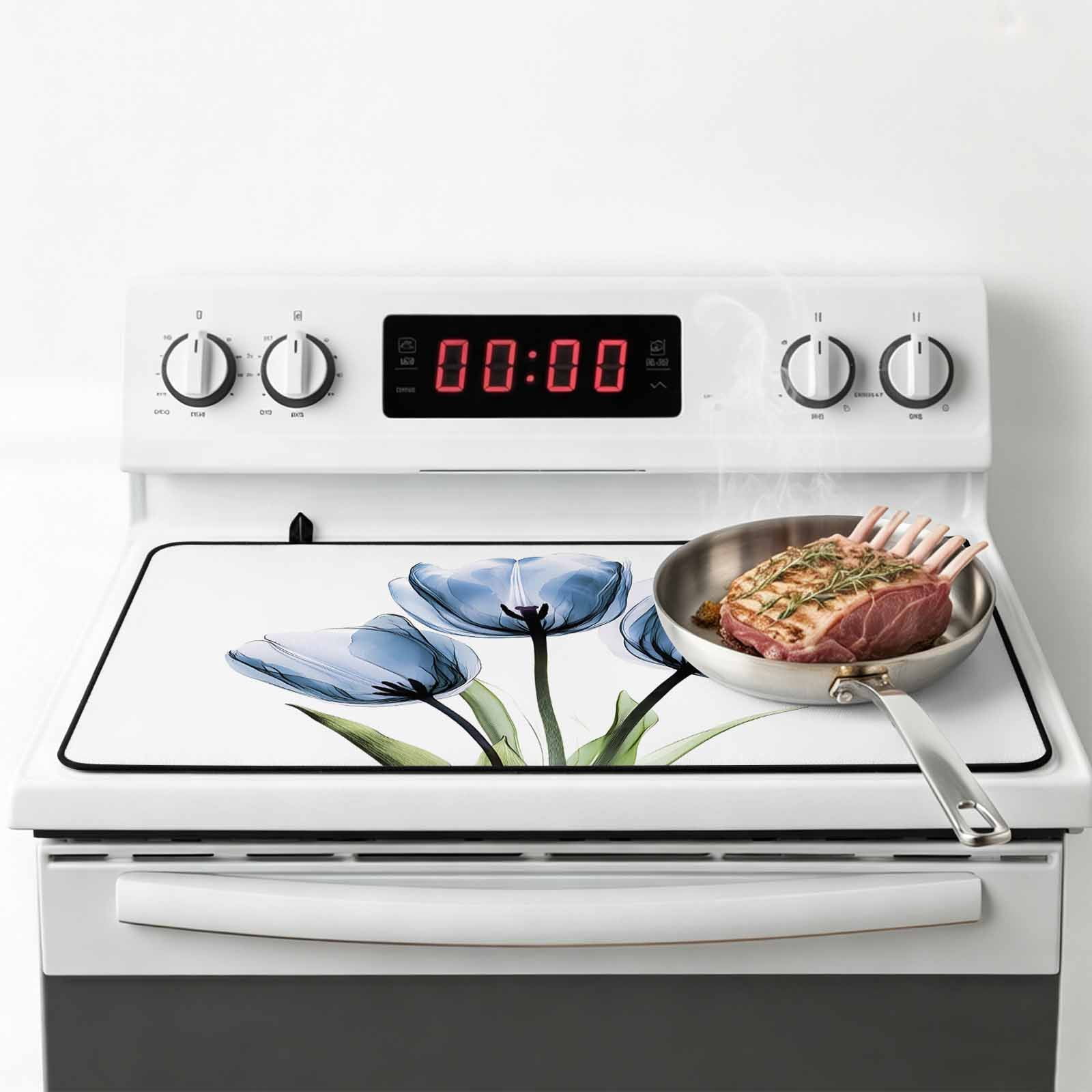 Blue Tulips Stove Top Cover for Electric Stove, Heat-proof & Non Slip Glass Top Stove Cover Protector, Country Retro Aesthetic Floral Flower Kitchen Flat Cooktop Rubber Mat 24x21 Inches