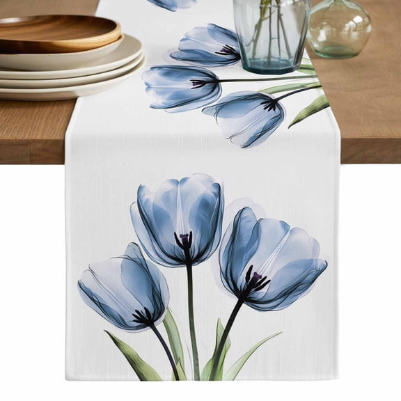 Blue Tulips Table Runner, Country Retro Aesthetic Floral Flower Washable Cotton Linen Table Runners 36 Inches Long, Dresser Scarf Runner for Nightstand/End Tables/Round Tables 13''x36''