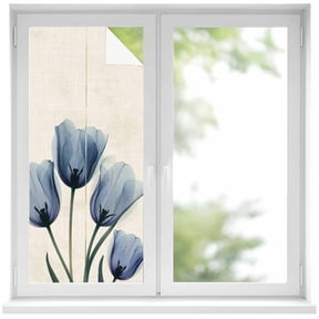 Blue Tulips Window Privacy Film 17.7x39.3in Flowers Minimalist Modern Art Linen Texture Decorative Window Film with Static Cling, UV Filtering Window Cling Privacy Film for Glass Doors and Windows
