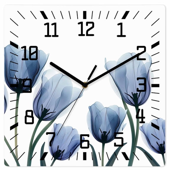 Blue Tulips Wooden Wall Clock Silent Non Ticking, Spring Summer Floral Rustic Botanical Square Wall Clocks Battery Operated, Decor Clock for Home Office, Living Room, Kitchen, 10 Inch
