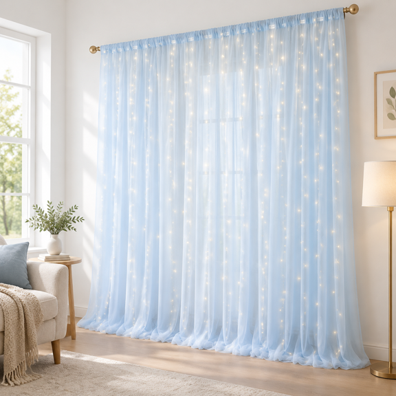 Blue Tulledrop Curtain With String Lights 10x8ft Sheer For Photography Wedding Boy Gender Reveal Shower Birthday Baptism Easter D