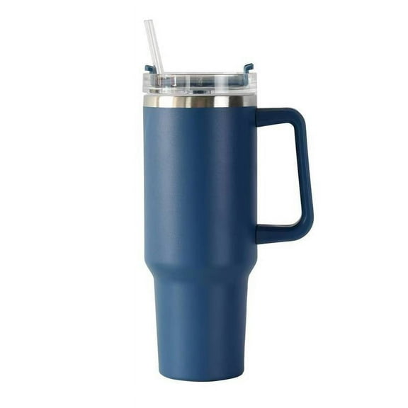 Blue Tumbler with straw, 40 Oz Tumbler Straw Smile Tumbler With Handle 40 oz Travel Mug Straw Stainless Steel Water Iced Tea Coffee