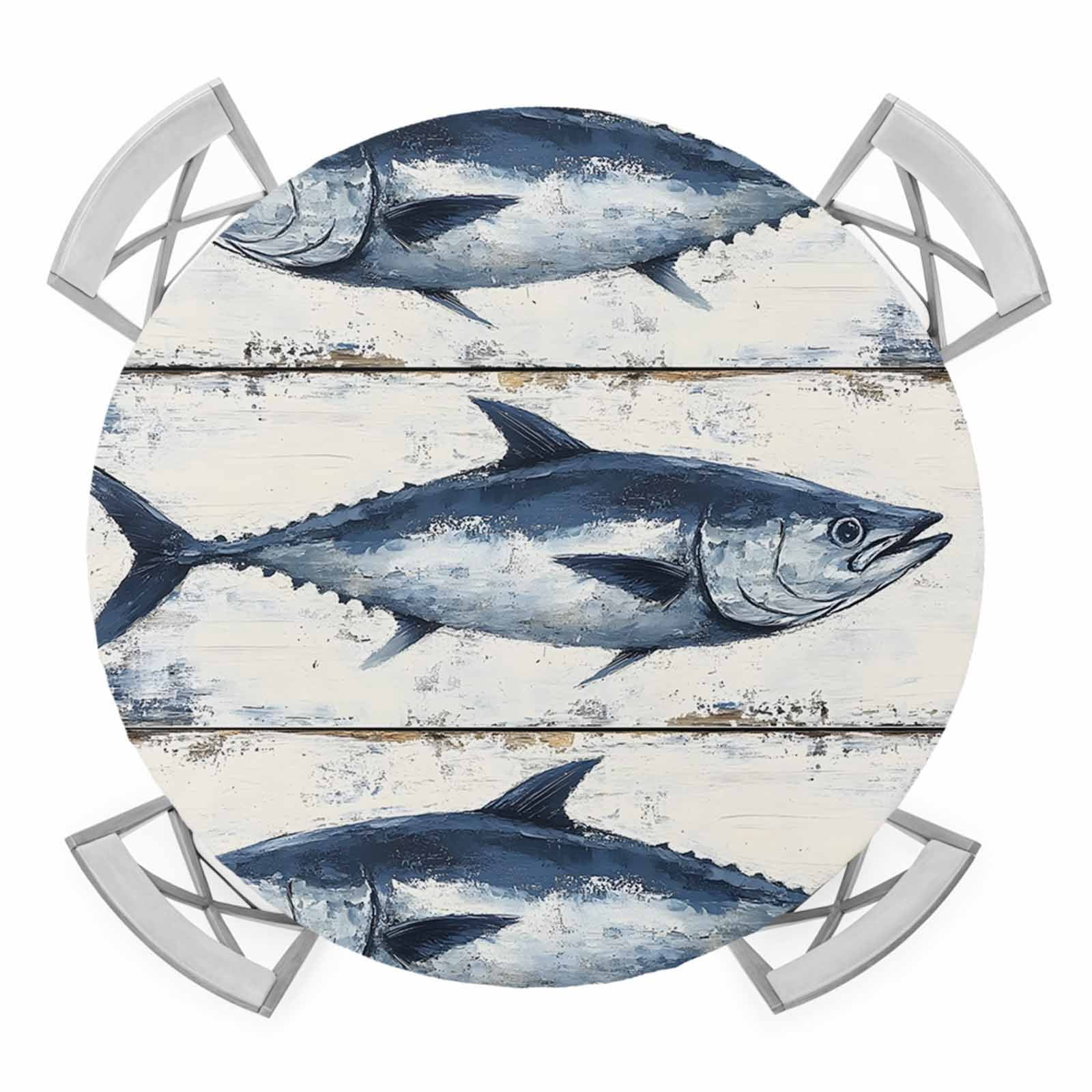 Blue Tuna Oil Painting Elastic Fitted Round Table Cover Vintage Wood ...