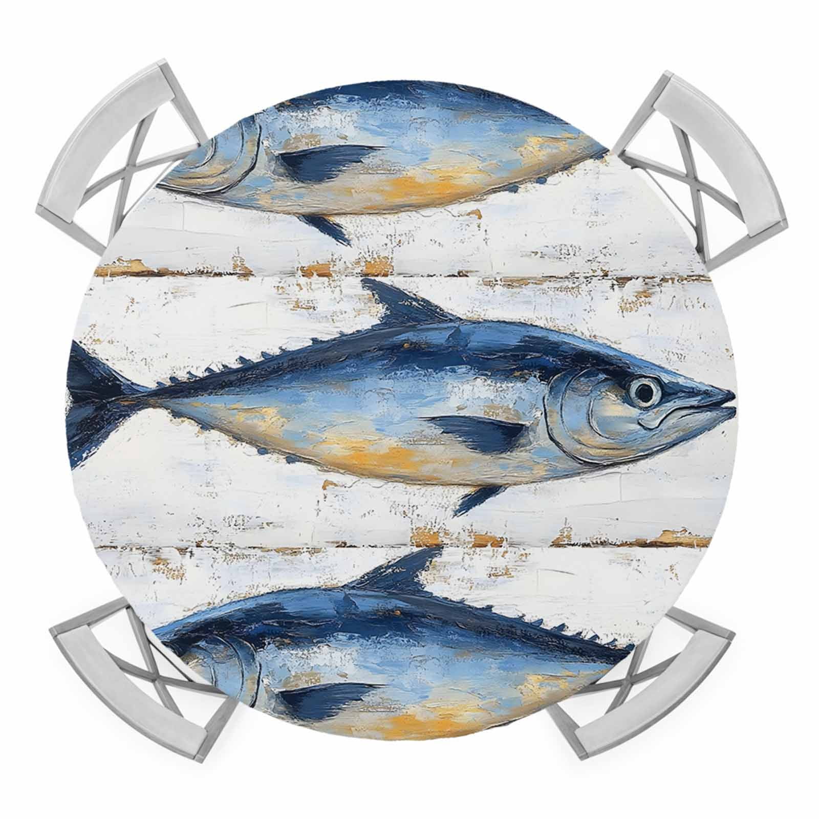 Blue Tuna Oil Painting Elastic Fitted Round Table Cover Wood Grain ...