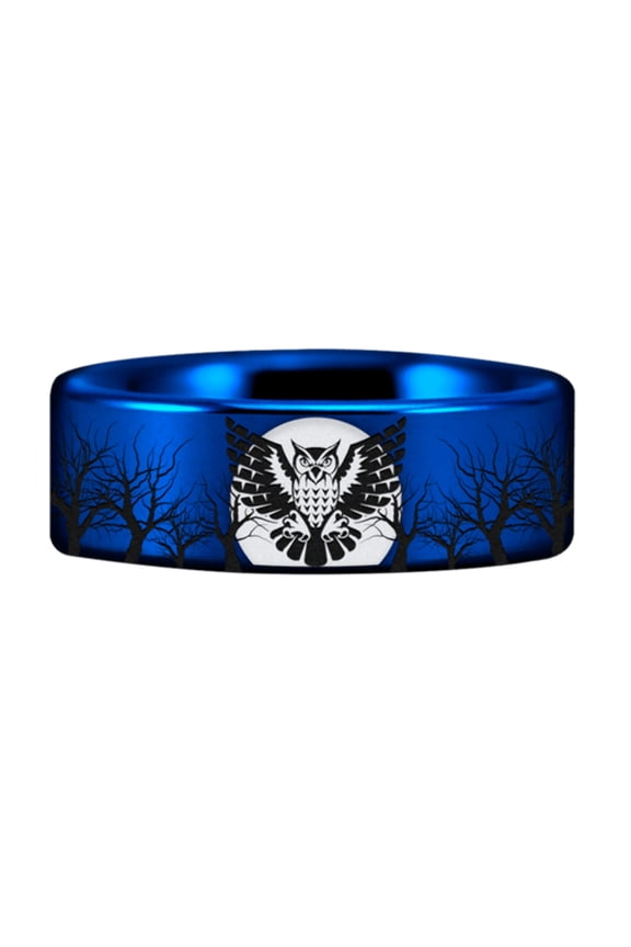 Blue Tungsten Owl and Trees Ring