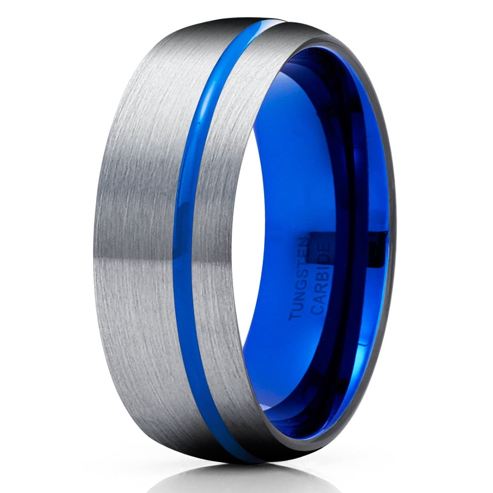 Blue Tungsten Wedding Ring Anniversary Ring Engagement Band Unique Tungsten Ring 8mm Blue Tungsten Gray Comfort Fit