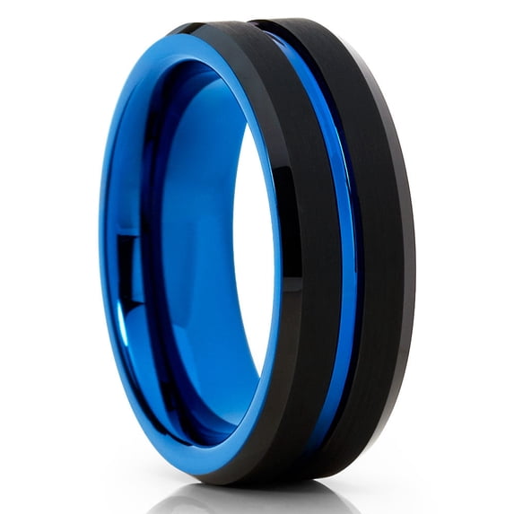Blue Tungsten Wedding Ring,Black Tungsten Ring,8mm Wedding Ring,Anniversary Ring,Black Tungsten Ring,Brush Ring