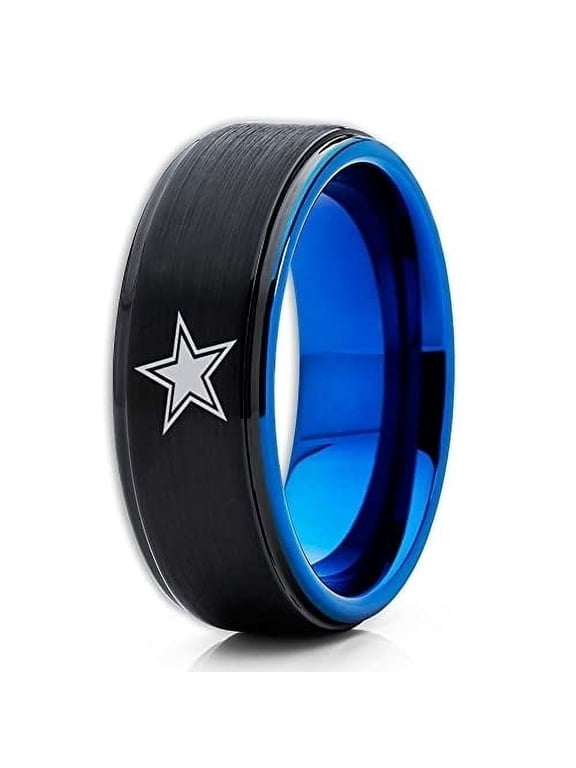 Blue Tungsten Wedding Ring,Football Inspired Wedding Ring,Black Tungsten Ring,8mm Wedding Ring,Black Wedding Ring