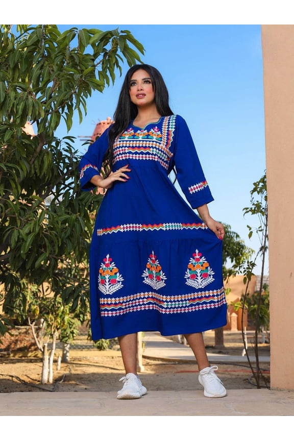 Blue Tunic embroidered kaftan, Bohemian embroidery tunic dress, embroidered tunic kaftan, Egyptian cotton, Summer, party, casual, home dress Materials: Egyptian cotton, Size: XL, Color: Blue