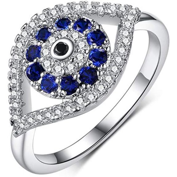 Blue Turkish Evil Eye Cubic Zirconia Rings for Women Men Dainty Band Sterling Silver Plated Stacking Middle Finger Elegant Sparkly Crystal Fashion Good Luck Amulet Protection Jewelry Birthday