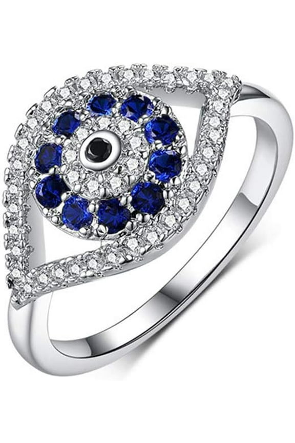 Blue Turkish Evil Eye Cubic Zirconia Rings for Women Men Dainty Band Sterling Silver Plated Stacking Middle Finger Elegant Sparkly Crystal Fashion Good Luck Amulet Protection Jewelry Birthday
