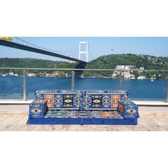 Blue Turkish Sofa, Floor Sofa Seating, Full Size Futon, Modular Sectional Sofa Bed, Floor Pillows, Convertible Sofa for Living Room