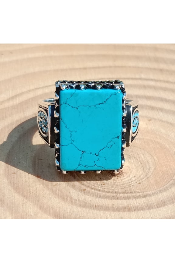 Blue Turquoise Firoza Men's Ring Solid 925 Sterling Silver Handmade Turkish Jewelry
