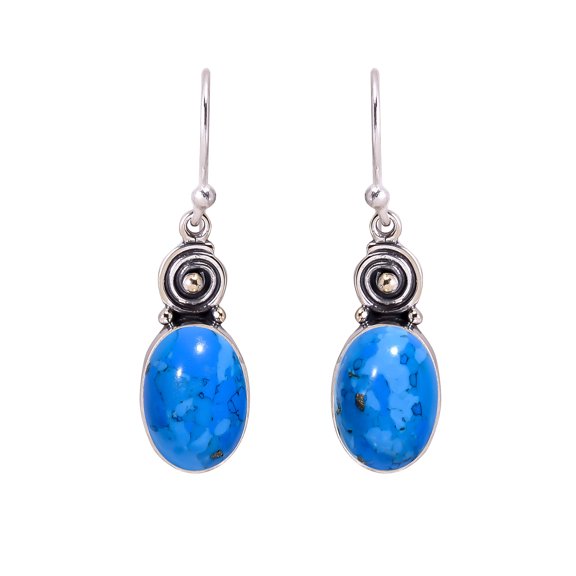 Blue Turquoise Gemstone 925 sterling Silver Earring, Length 1.50", Gift For Her, Silver Handmade Jewelry, Turquoise Earring, Cyan Earring, Oval Earrin