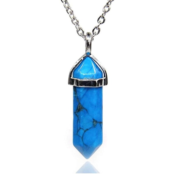 Blue Turquoise Gemstone Hexagonal Pointed Reiki Chakra Pendant Necklace 20"