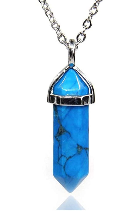 Blue Turquoise Gemstone Hexagonal Pointed Reiki Chakra Pendant Necklace 20"