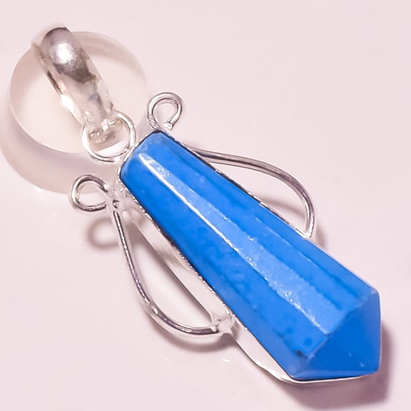 Blue Turquoise Gemstone Pendant Handmade Gift Antique Design Jewelry 2"